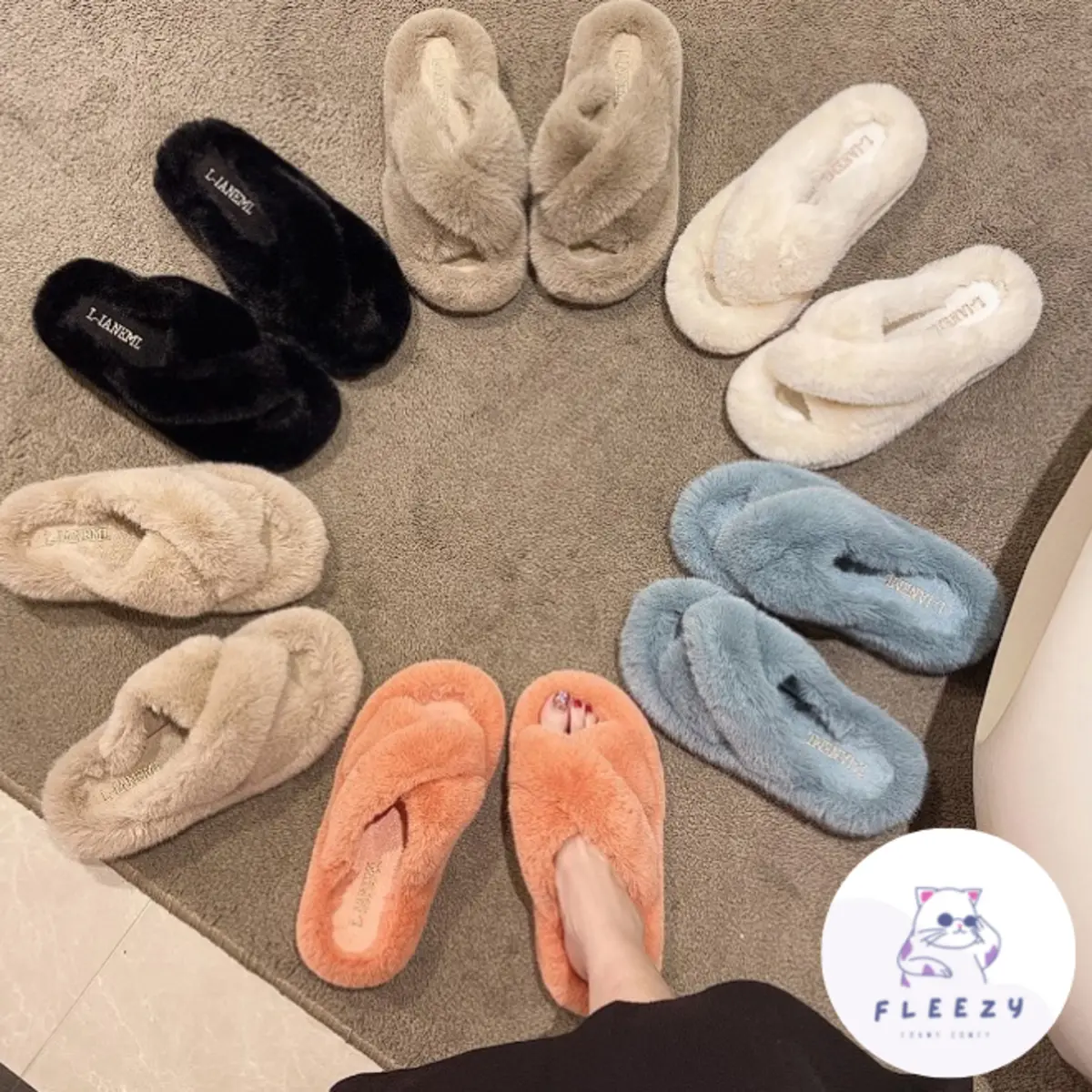 Fleezy Sandal Kokop Bulu Halus Silang Premium - Fairy