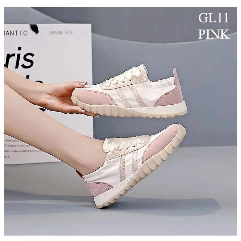 Sepatu Sneakers Wanita Import WGL11 Sepatu Import Wanita Kanvas Combi Kulit Sneakers Kanvas Wanita Import Kekinian  Pink Casual Shoes