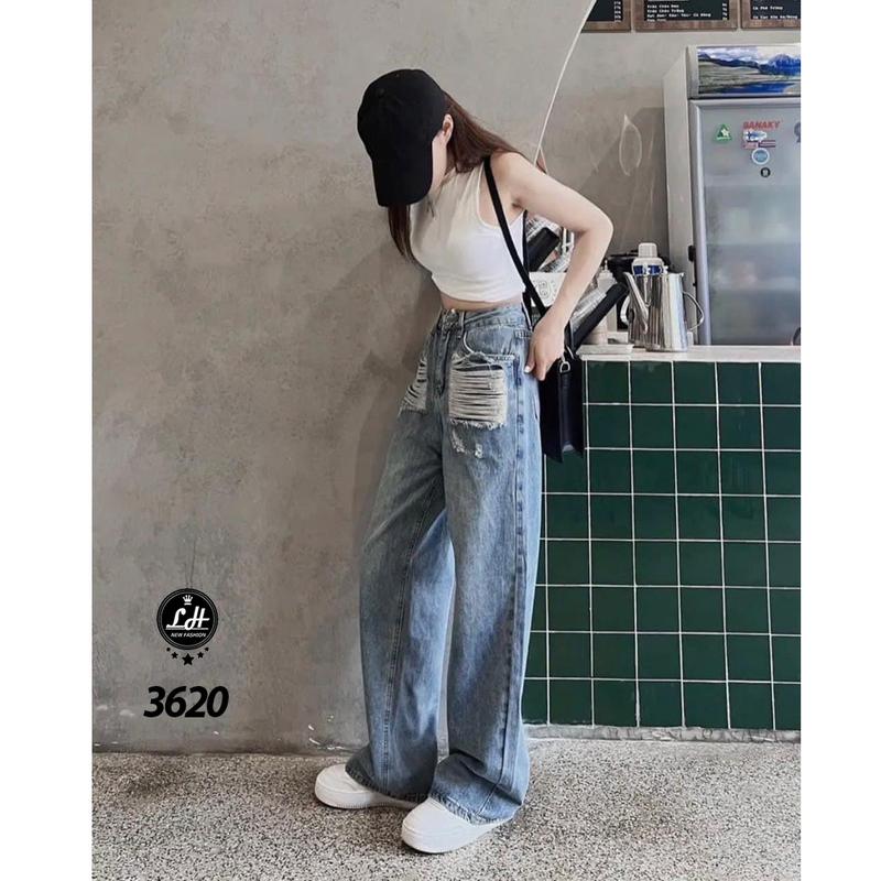  Quần jean nữ ống rộng màu xanh lưng cao rách te tua 2 túi trước Lê Huy Fashion MS 023 
