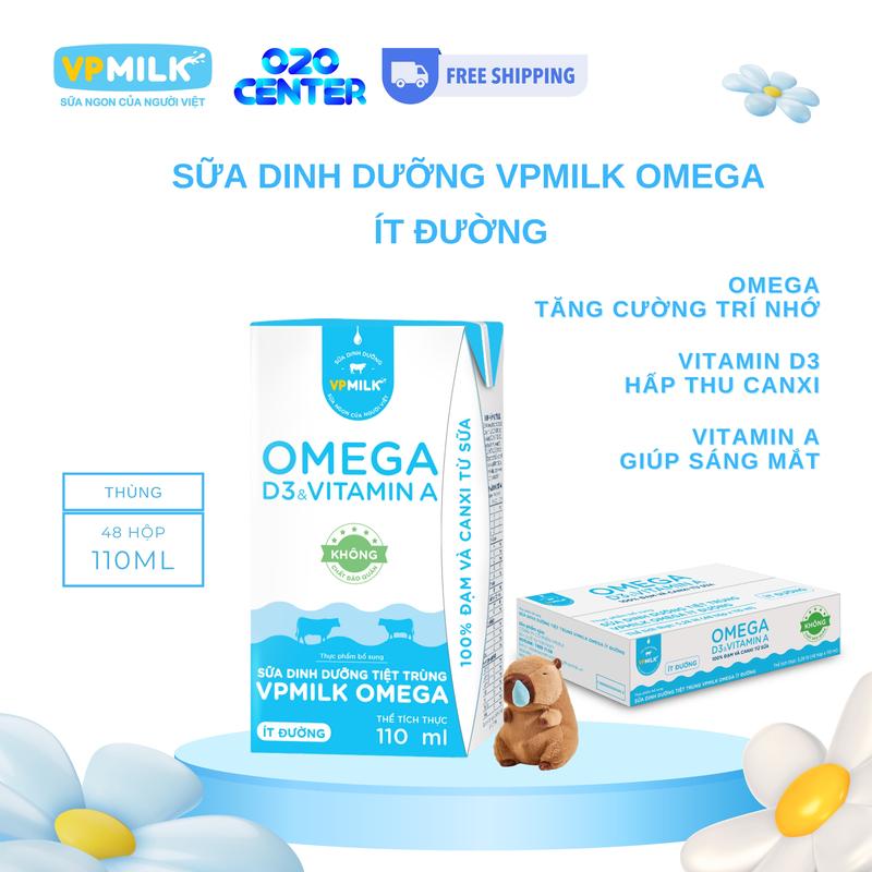   Thùng 48 hộp 110ml  Sữa dinh dưỡng VPMilk Omega ít đường Sữa Omega hỗ trợ sáng mắt chắc xương tăng cường trí nhớ dành cho bé và cả nhà bổ sung dưỡng chất thiết yếu 