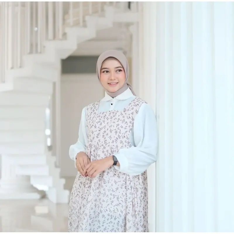 SETALAN OVERAL DRESS MOTIF FLORAL/SET 2IN1 OVERAL DRES/HIMARI MIDI DRES SATU SET/SETELAN DRES DAN KEMEJA LENGAN BALON Panjang Cantik Wanita Casual Nyaman 3