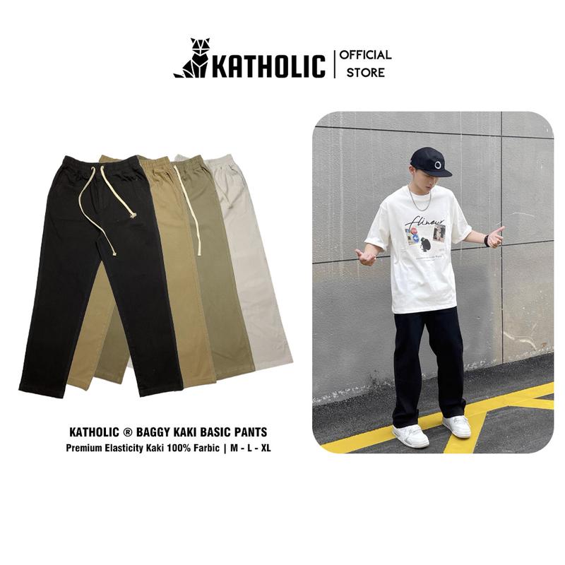 Quần baggy kaki nam nữ cạp chun ống rộng lưng cao chất liệu kaki 280gsm co giãn gia công tỉ mỉ ba màu đen, nâu, xanh essen KAT015 Menswear