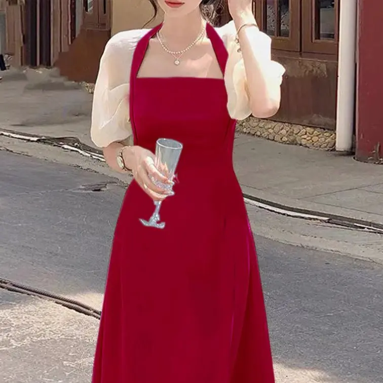 Đầm Váy Hở Lưng Bo Chun Tôn Dáng Eo Cực Thon Bigsize 50-95kg Nữ Dress Nhung - Voan Đỏ