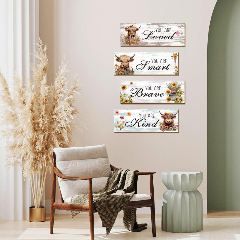 Letter & Highland Cow & Flower Pattern Wooden Sign, 4pcs/set Rustic Farmhouse Wall Art Plaque, Wall Decor for Home Living Room Bedroom Bathroom Kitchen 3