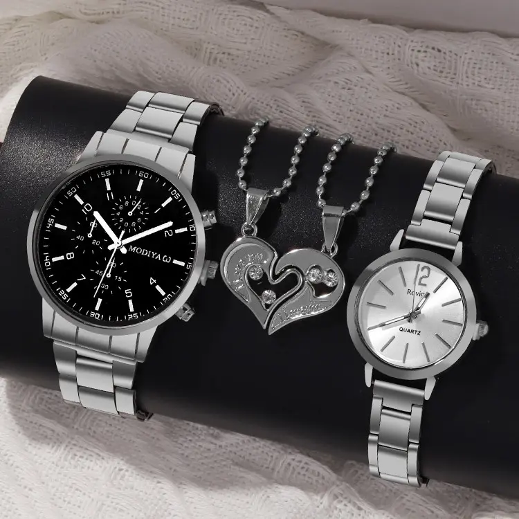 *-* 4PCS Fashion Couple Quartz Watch&Couples Necklace Set Casual Steel Strap Pair Watches Jam Tangan11/30