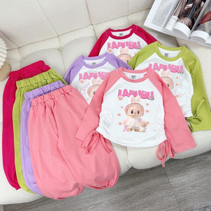 8-40kg Đồ bộ bé gái áo dài dây rút Labubu Samkids quần dài bo có size đại vải thun cotton mềm