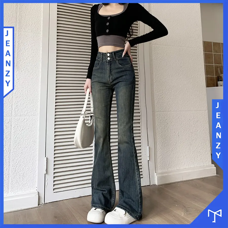 (1m45-1m63) Quần jean ống loe nấm lùn 2 cúc màu retro mài nhẹ JEAN ZY