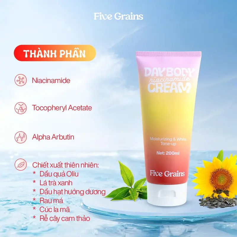 Combo kem dưỡng giúp dưỡng ẩm dưỡng trắng da body ban ngày và ban đêm Five Grains Niacinamide, Alpha-Arbutin 500ml 1