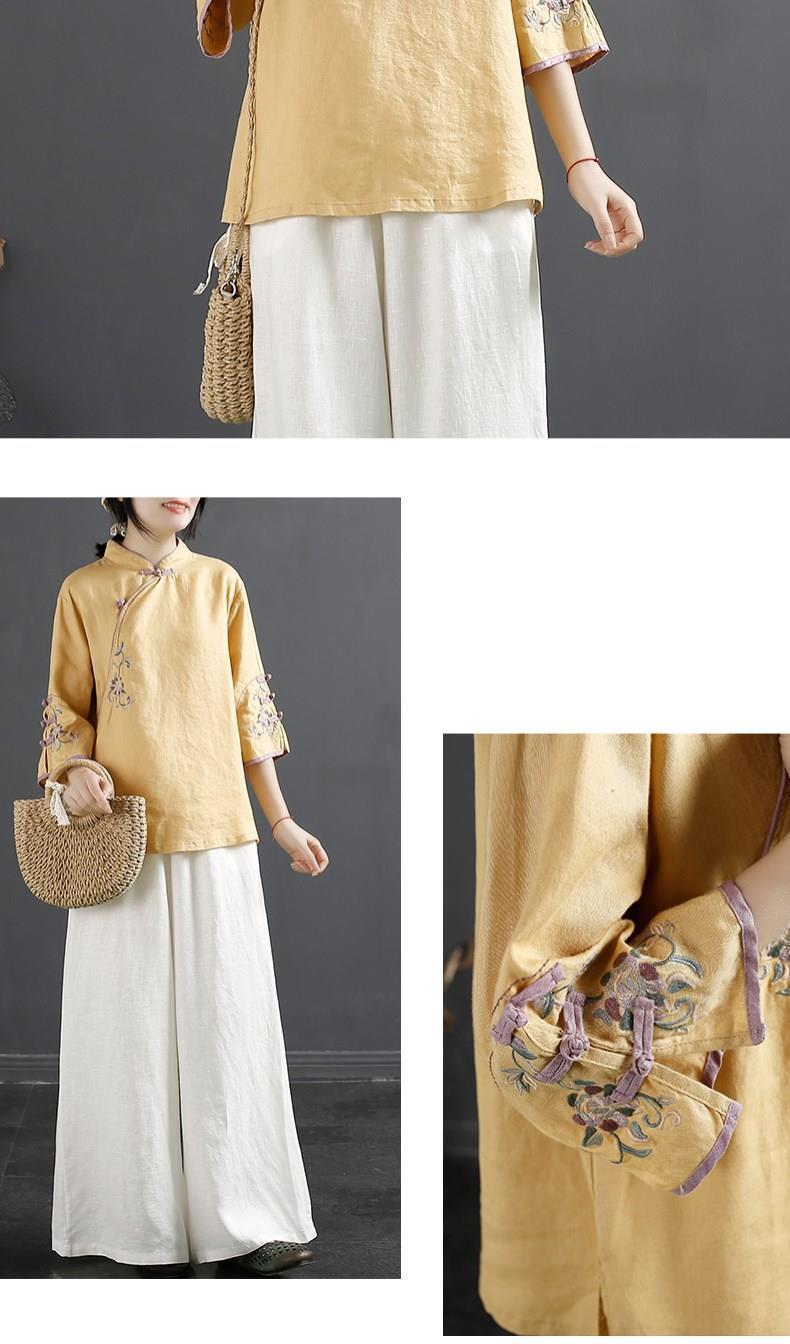 Product Introduction of Oemg2024 Summer New Chinese Style Retro Cotton and Linen Shirt Women's Chinese Style Stand-up Collar Frog Button Top Embroidered Cotton Tea Clothes 7