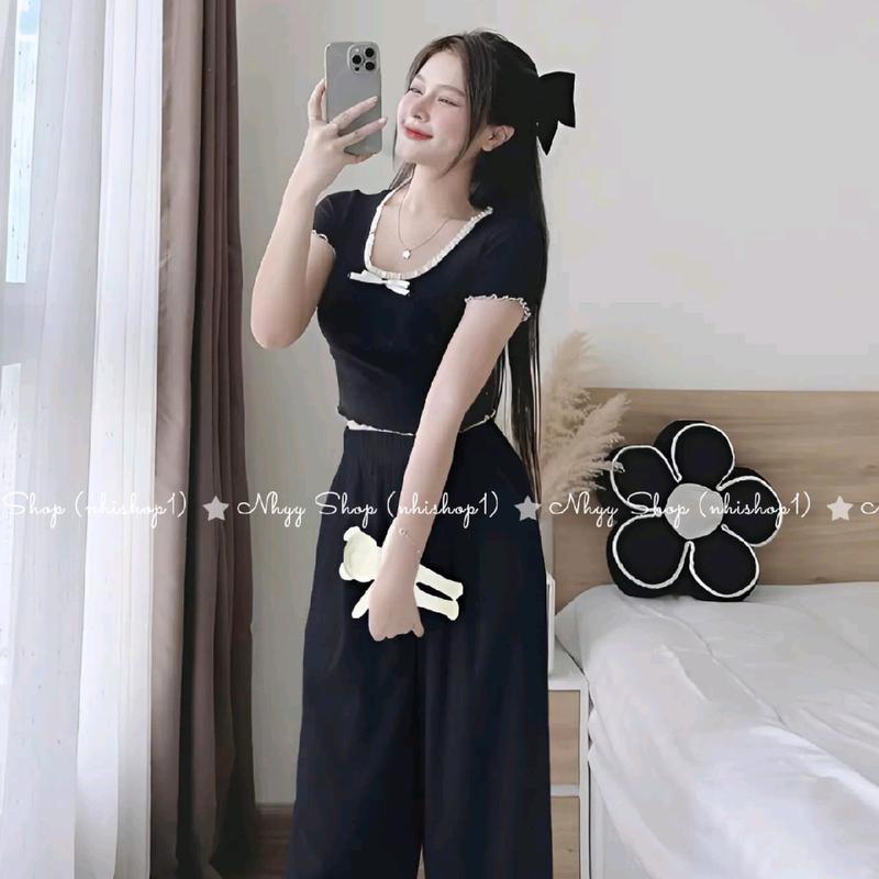 Bigsize 60-90kg Set bộ áo thun gân tăm form ngắn đính nơ phối ren+ quần đũi suông ống rộng phối ren cho nữ, Bộ đồ áo ôm thun tăm gân cổ tròn + quần dài ống rộng phối ren lưng thun- Nhyy Shop 2