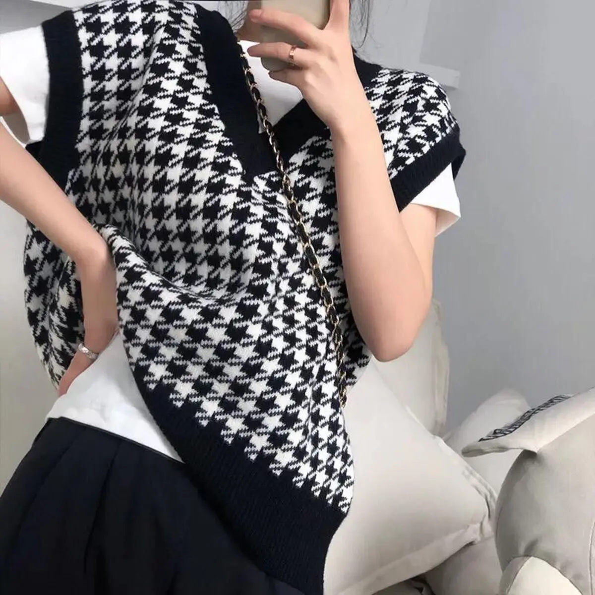 Jennie Vest Houndstooth Rajut | Rompi Rajut Motif | Rompi Rajut Korea Wanita Atasan Crop Top Outer