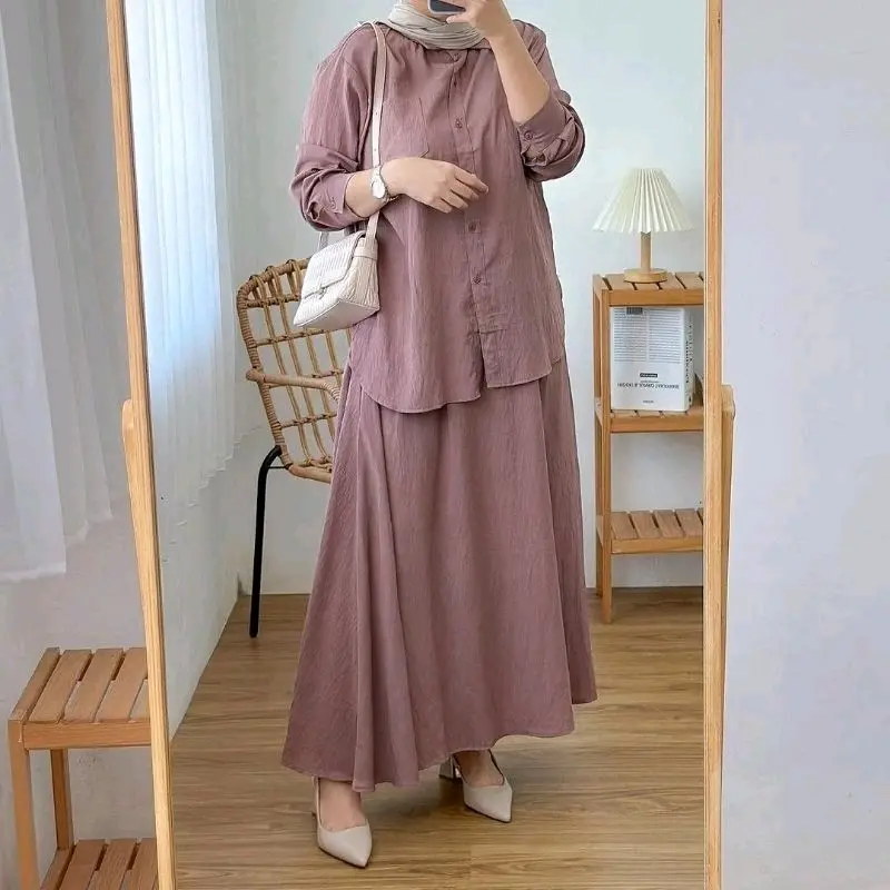 Humaira One Set Skirt | Setelan Rok Muslim Wanita Remaja Crinkle Airflow | Full Kancing Kantong Rok Melar Full Karet Kerah Kemeja 0