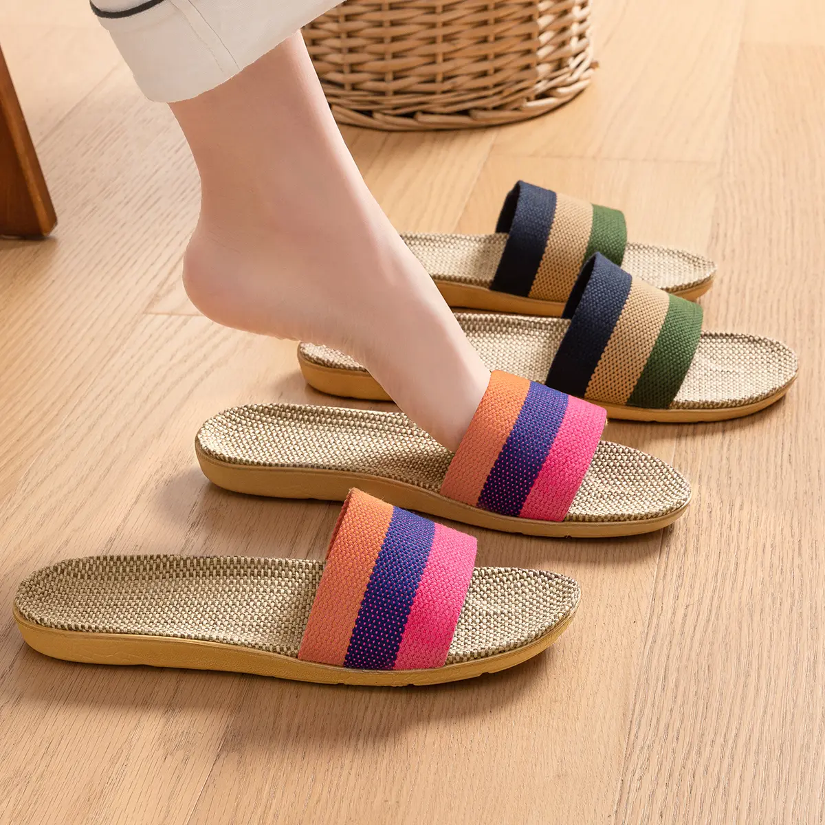 Linen Slippers for Women 2024 New Spring Indoor Home Japanese Style Sweat-Absorbent Non-Slip Deodorant Four Seasons Cotton and Linen Slippers for Men Footwear Walking Shoes Girl Slide Shoes Comfort Flipflop Parent