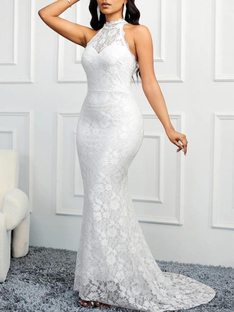 Product Introduction of Women's Floral Lace Backless Bodycon Dress, Elegant Halter Sleeveless Evening Party Gown, Ladies Summer Clothes 5