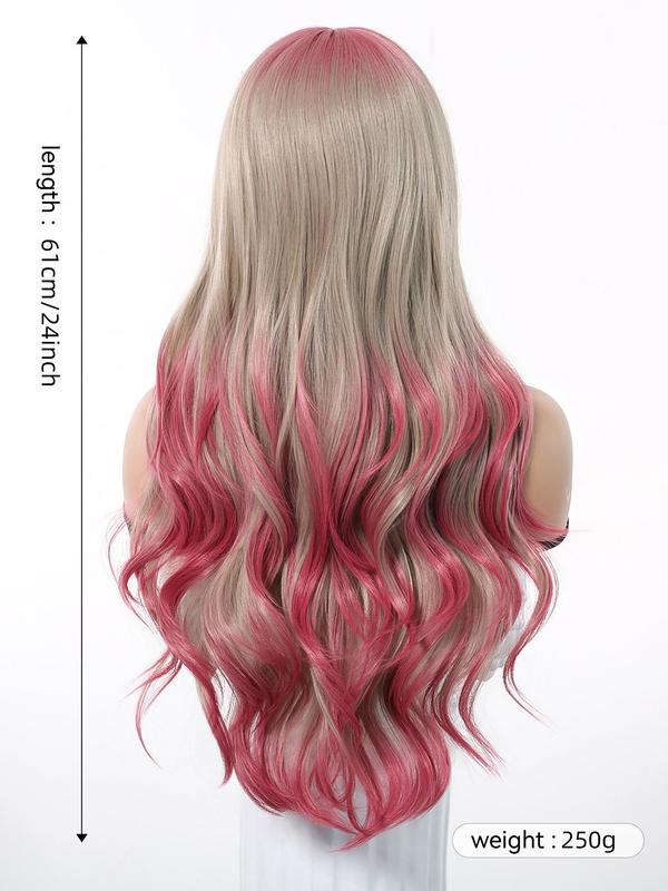 Long Ombre Color Curly Wigs for Women, Gorgeous Fluffy Wigs with Bangs, Synthetic Full Machine Wigs for Party, Daily Use 1