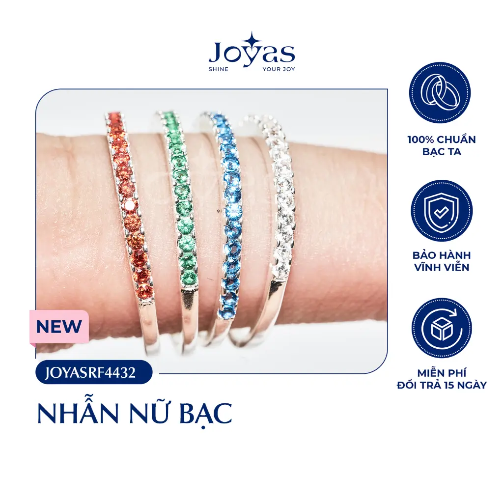 Nhẫn nữ bạc ta Joyas - Nhẫn bạc nữ đá CZ nhiều màu - JOYASRF4432