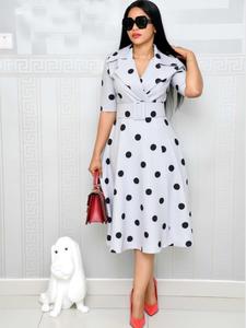 Vestido de solapa con cinturón y estampado de lunares para mujer, elegante vestido midi de manga corta de una línea para el verano, vestido de mujer para uso al aire libre, ropa para el Día Nacional