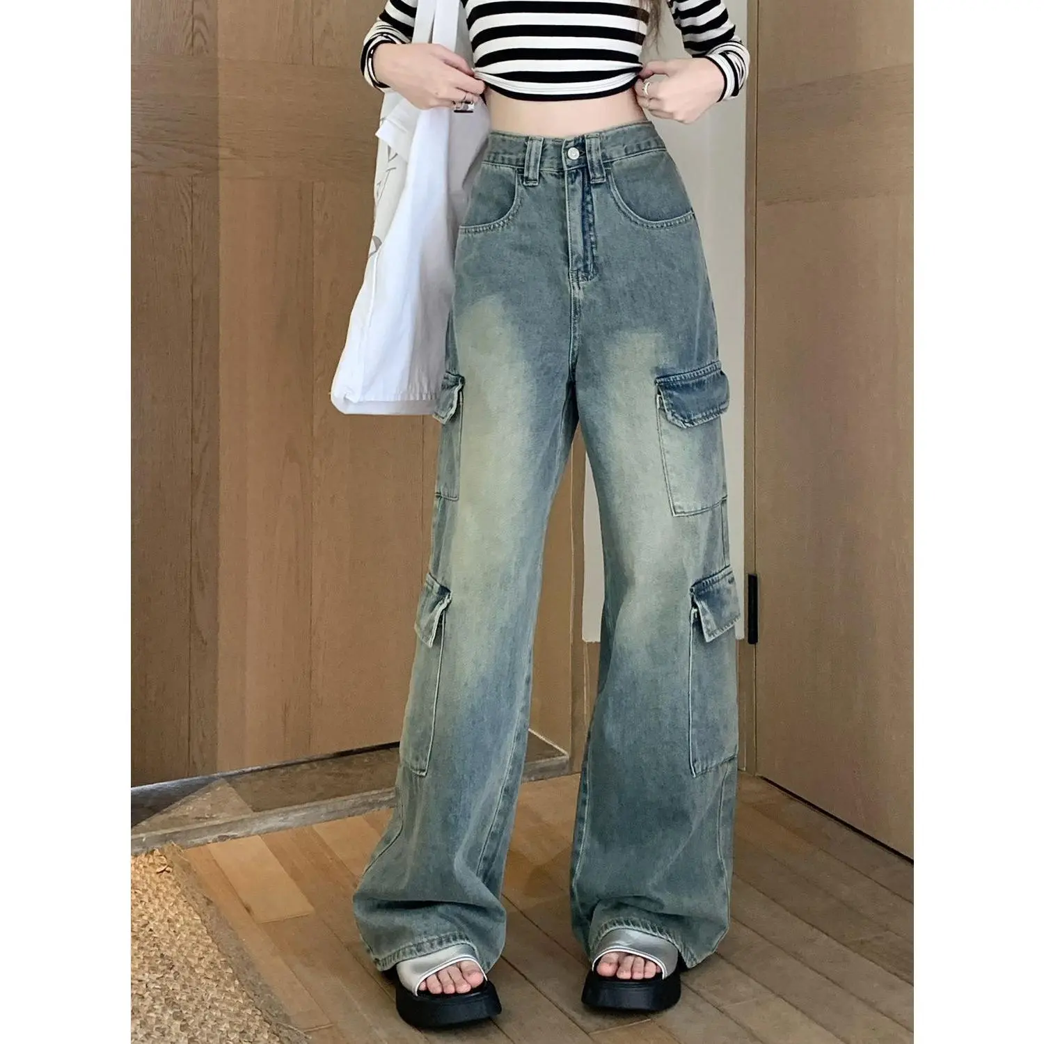 American Retro Multi-Pocket Workwear Jeans Women's Sweet Cool Loose High Waist Slimming Straight Wide Leg Pants Mop Trousers