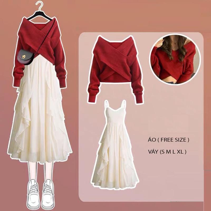 Set áo váy nữ SunStore áo len vạt chéo chất len dày mềm mịn phối váy maxi hai dây voan lụa nhiều lớp bồng bềnh có size lớn Top Women Dài Tay Kem - Đỏ Đô set  botieuthu