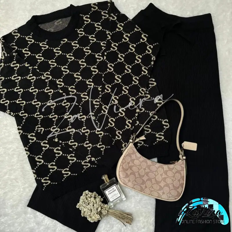 ZF - One Set Sally Oversize Atasan Model Tunik Bawahan Rajut Premium Fit Wanita Motif Huruf S Baju Cantik oneset kekinian setelan 0
