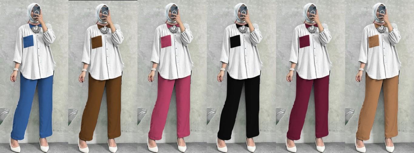 Amanda One Set | Setelan Baju Muslim Atasan Formal Kombinasi Putih Full Kancing Kombinasi Kantong Crinkle Airflow Celana Panjang