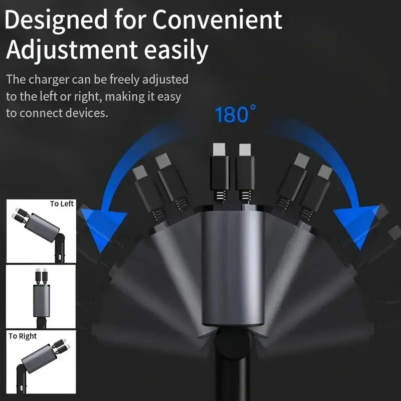 Bộ sạc ô tô, Sạc nhanh 4 trong 1, Sạc siêu nhanh, Tương thích với Type-C, IOS và USB, Cáp Có Thể Thu Vào 2