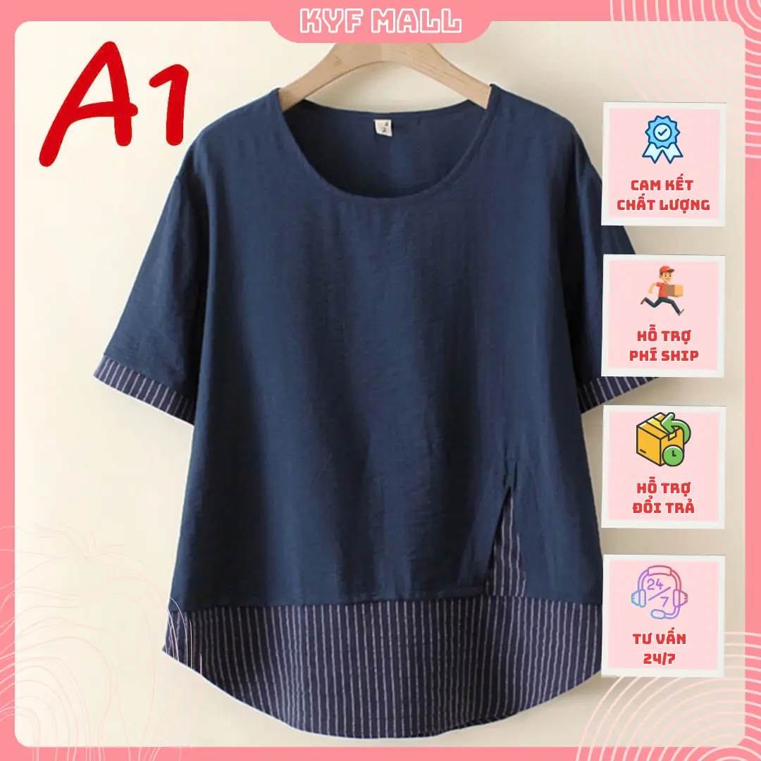 Áo Đũi BigSize ngắn tay phối kẻ mát mẻ thời trang - Áo nữ Form rộng Che bụng mỡ - Áo nữ trung niên cổ tròn - Áo Đẹp Tết Top Women áo  nâu