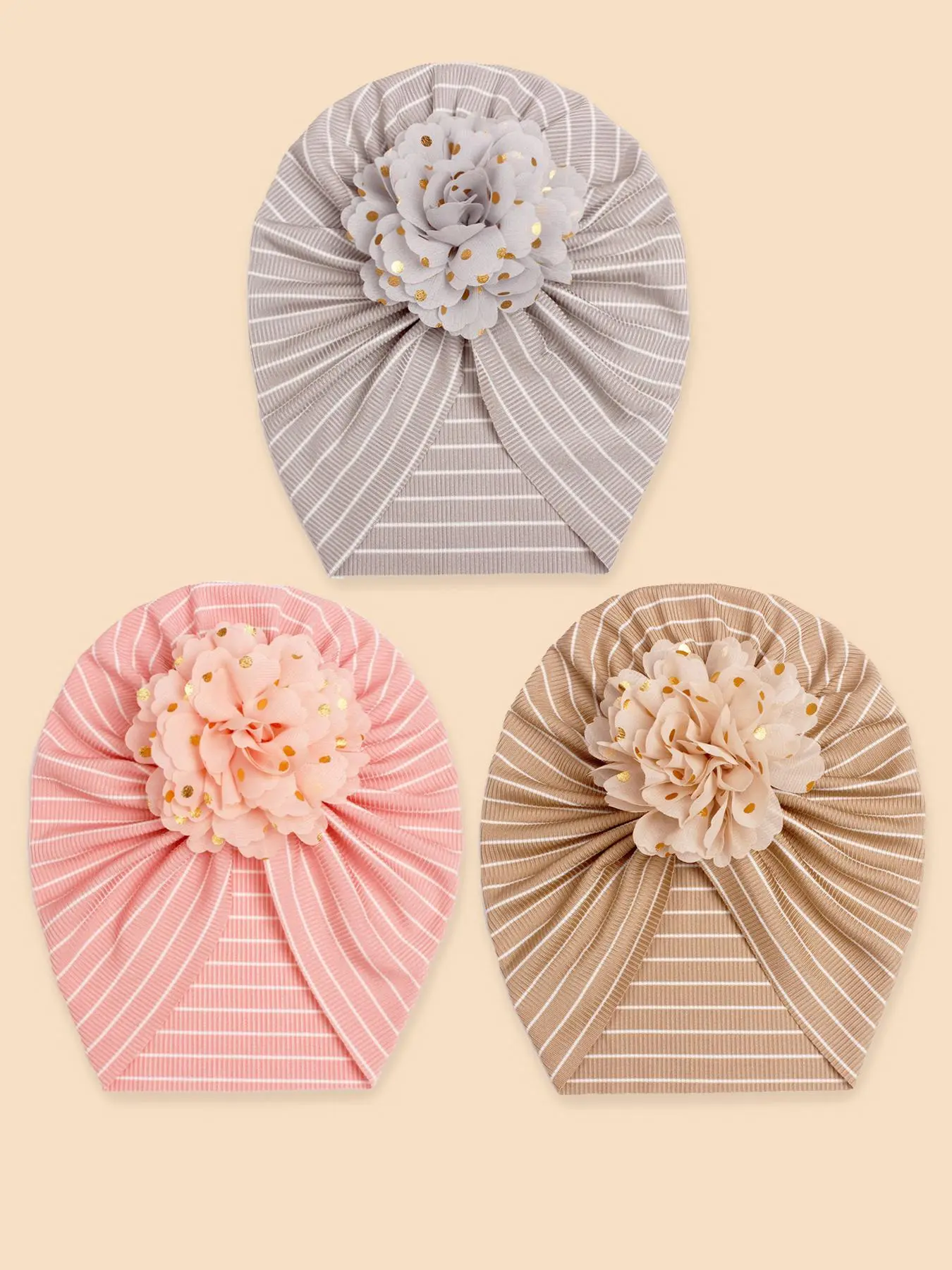 3pcs/set Baby Cute Flower Decor Turban, Striped Print Cute Toddler Cap for Toddler, Pure Color Infant Head Wrap