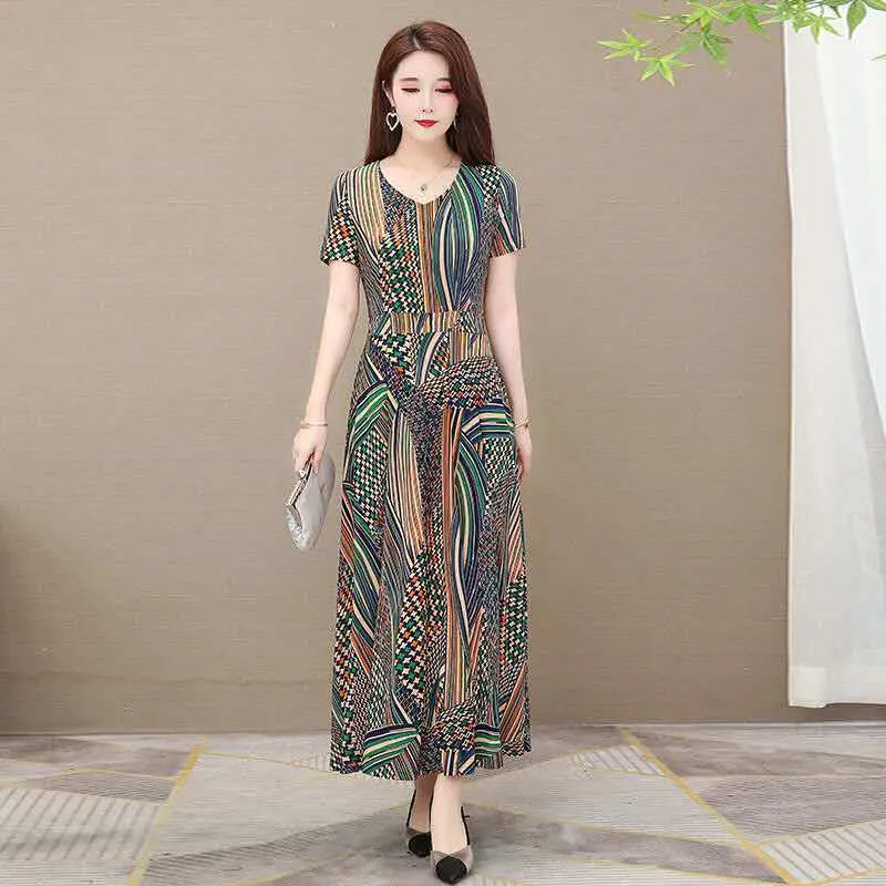 Large Quantity and Excellent Price 2020 Summer Women's Printed Ice Silk Dress Middle-Aged and Elderly Women's Short Sleeve Midi Dress Casual Fabric