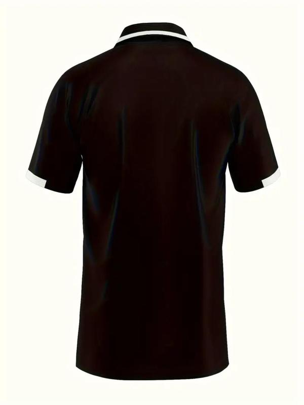 Men's Solid Color Eagle Print Contrast Trim Button Front Half Placket Polo Shirt, Regular Fit Casual Comfortable Breathable Short Sleeve Collared Top for Summer, Fashion Men's Clothes for Daily Wear 1