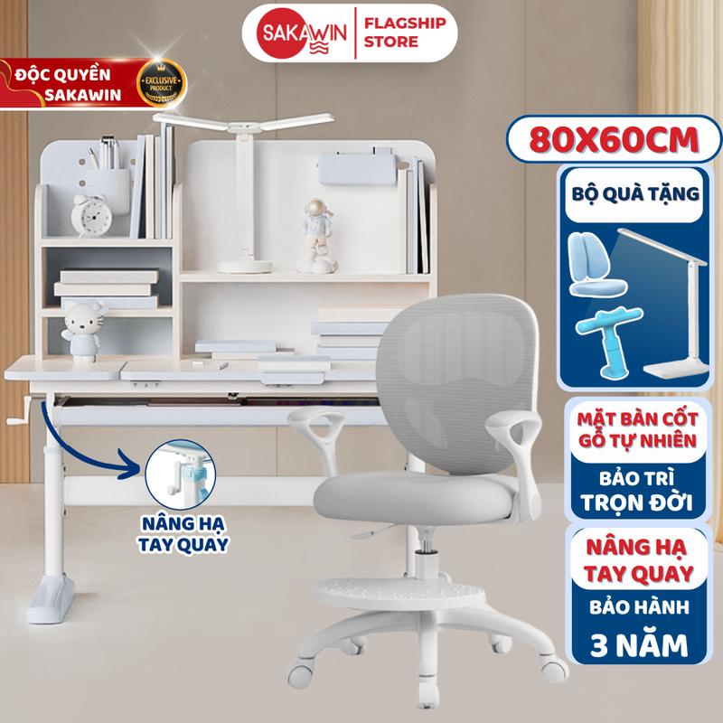Bàn học thông minh Sakawin S80 Mặt bàn sẻ đôi đặc biệt Nâng hạ chiều cao tay quay Gỗ tự nhiên cao cấp Mặt bàn phủ medalin chống loá chống xước