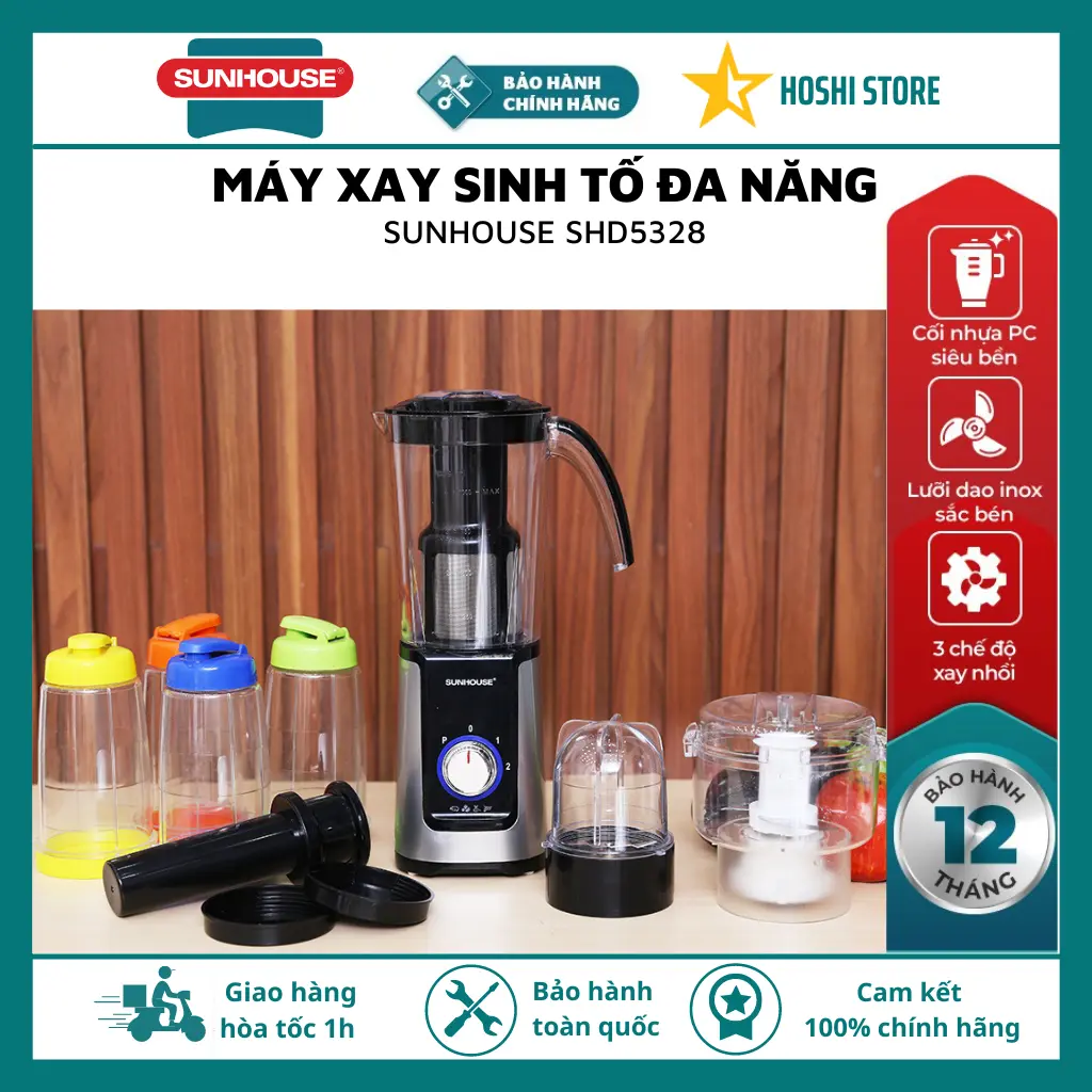 Máy xay sinh tố đa năng Sunhouse SHD5312/ SHD5322/SHD5328 2, 3 cối chức năng xay nhuyễn các loại thực phẩm