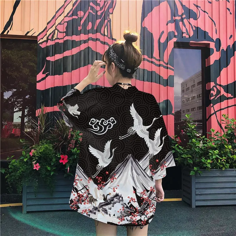 Snow Mountain Plum Blossom Chinese Style Crane Short Sleeve Loose Half Sleeve Cardigan Kimono Sunscreen Clothing