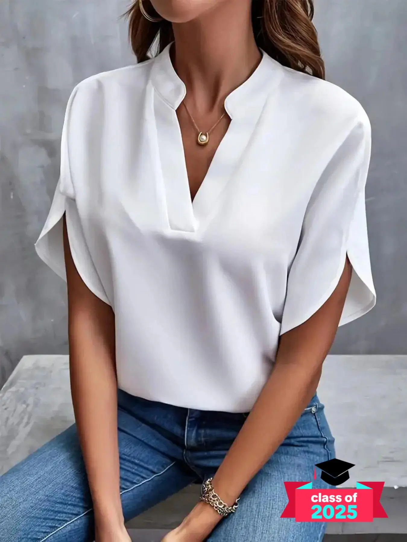 Women's Solid Notched Neck Split Sleeve Blouse, Casual Drop Shoulder Half Sleeve Top for Summer, Ladies Clothes for Daily Wear, Trending Clothing Women, Womenswear