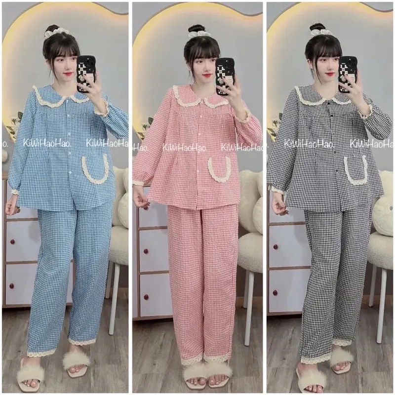 Bộ bầu bộ sau sinh - Bộ dài tay đũi kẻ xốp cổ sen viền ren