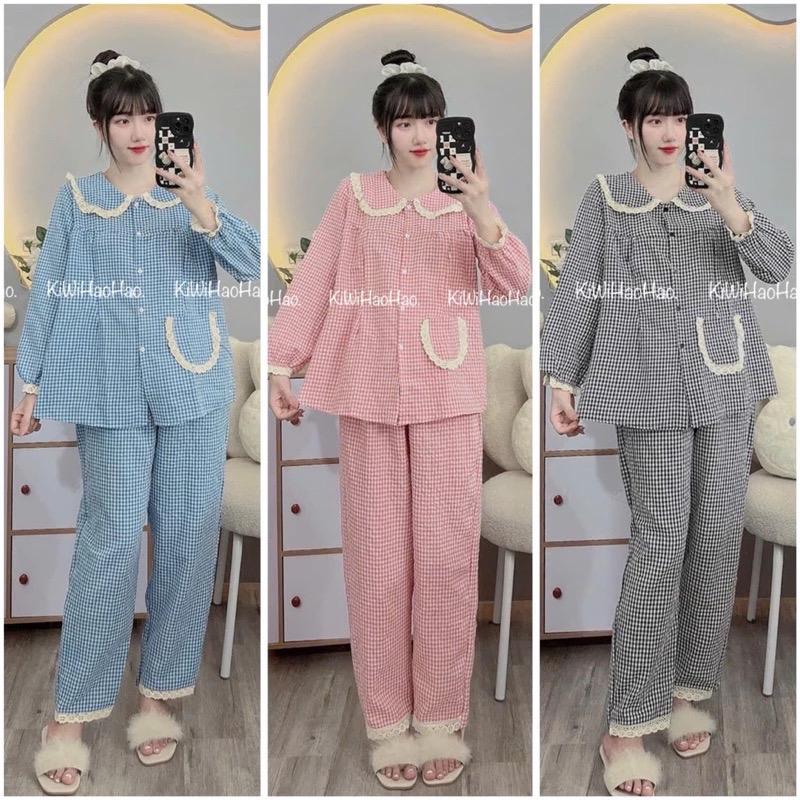 Bộ bầu bộ sau sinh - Bộ dài tay đũi kẻ xốp cổ sen viền ren 0