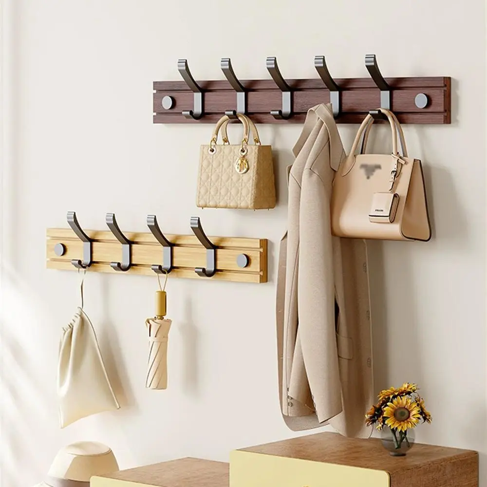 Bamboo Wall Mounted Coat Hook Rail, Wooden Coat Hanger with Slideable Metal Double Hooks, Wall Rack for Hanging Coat Hat Towel Robes, Organiser