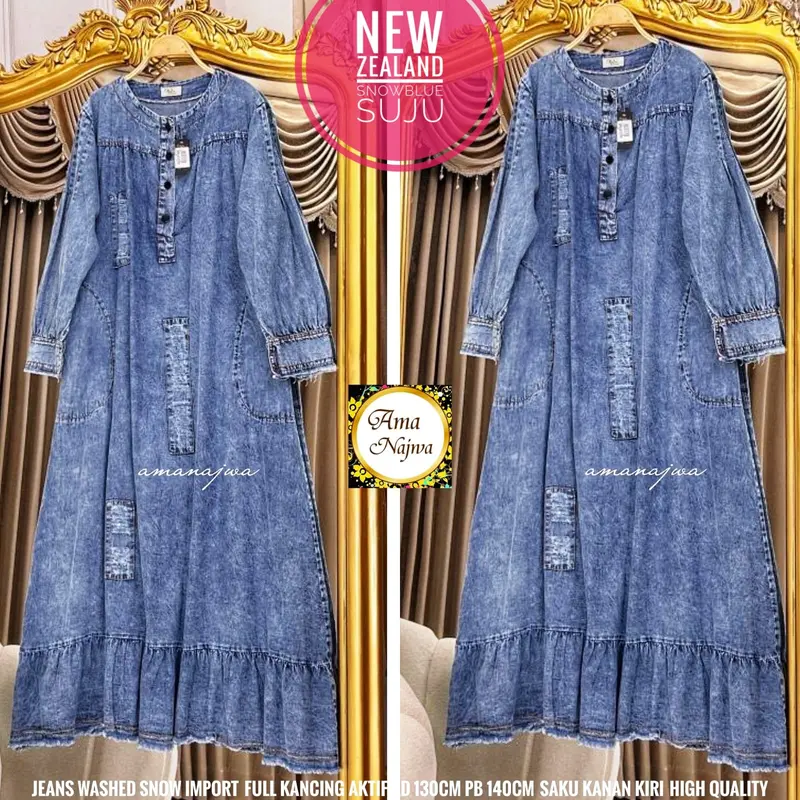 Gamis Jeans Wanita Muslim Cantik Terbaru Ld 130 cm Pj 140 cm Jumbo Size Bahan Nyaman Rempel Bawah Kancing Dada Aktif Lengan Panjang Best Seller Recommended Fit Kerja 4