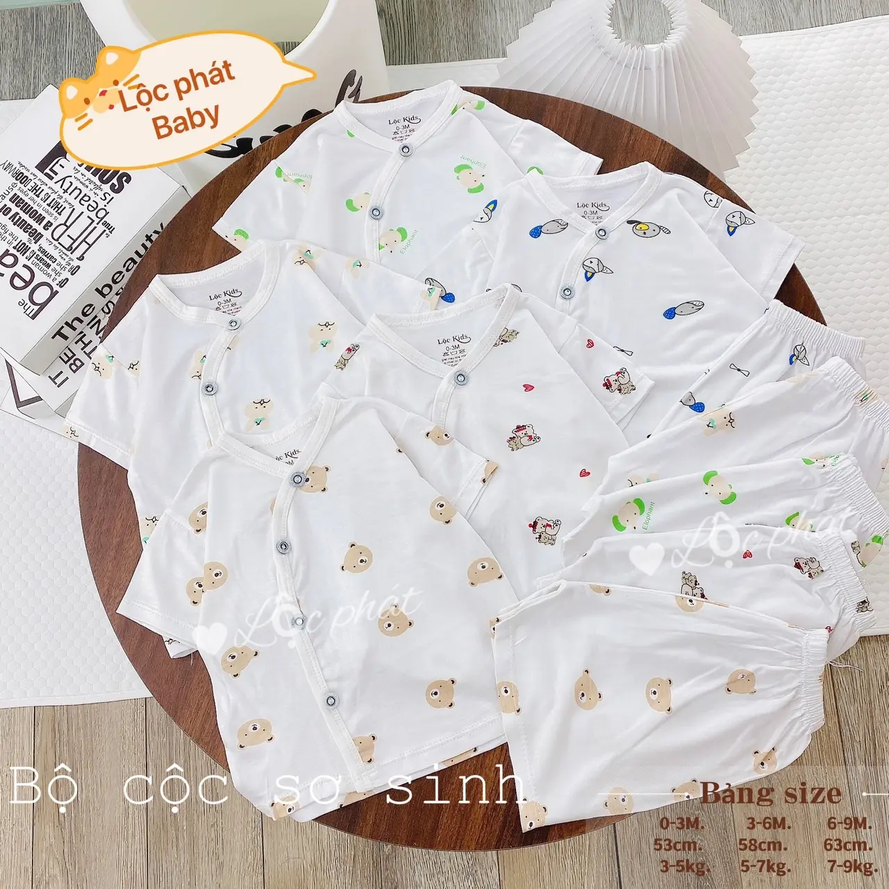 Combo 5 bộ sơ sinh ( 3-9kg)thun lạnh hoạ tiết CM-01