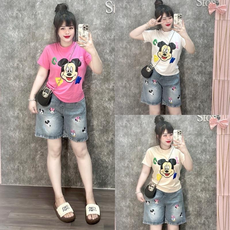 SET ÁO thun ct in hình mkey in chữ FORM VỪA , Quần Ngố jean lưng thun KO GIÃN Top Women Nữ