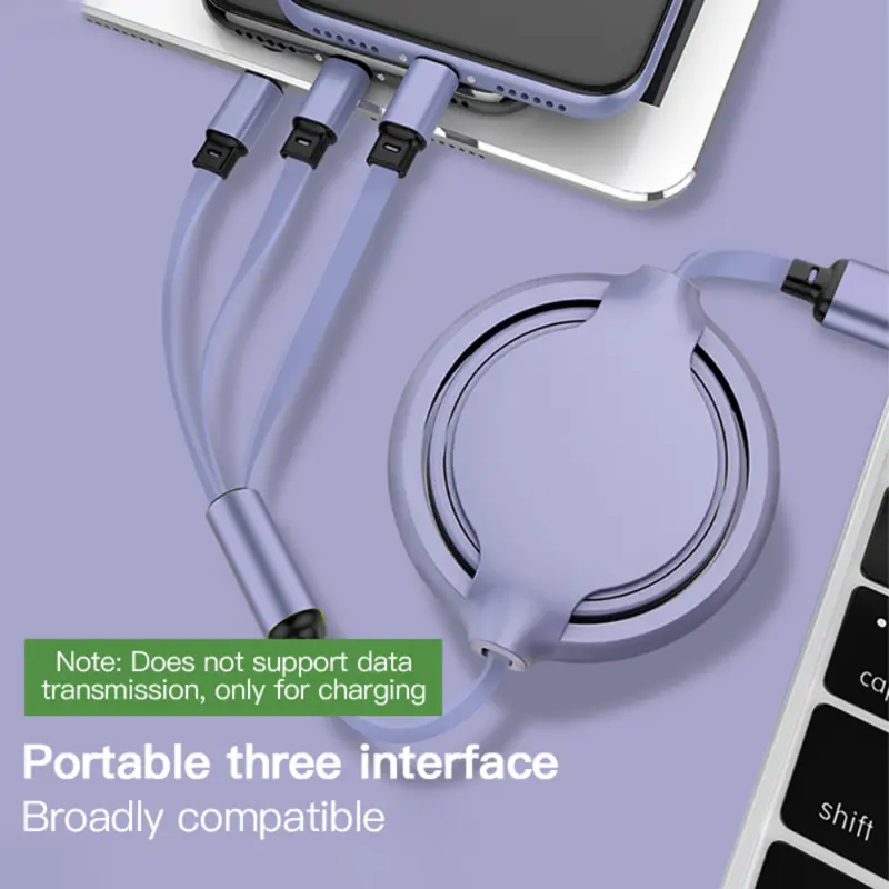 3in1 Kabel Data / Charger Micro USB / Type C Fast Charging Bahan Silikon Untuk Panjang Ponsel Pengisi Ungu Hitam Pink Putih Cable 2