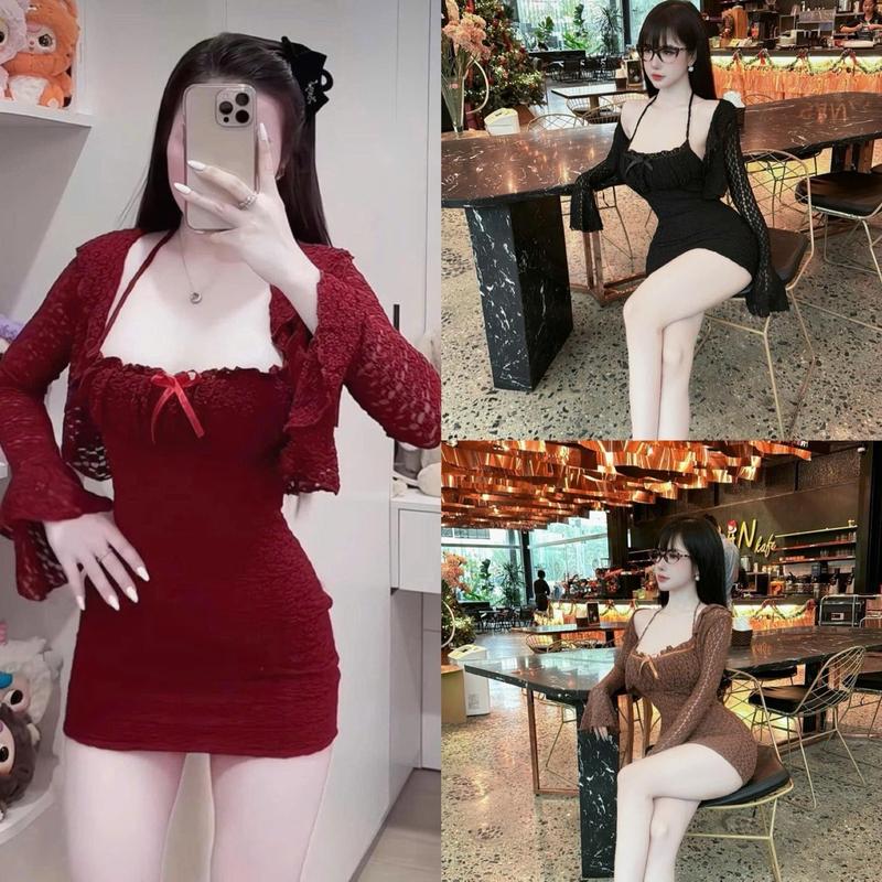 Đầm Body Viền Ren Nơ Kèm Áo Khoác Tay Loe Lưới Sang Chảnh Dành Cho Nàng Đi Tiệc-X17