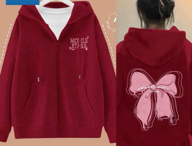  Áo Khoác Zip Hoodie Nơ Nữ MOBILE STARS Chất Thun Nỉ Len Bông Tay Dài Mặc Ấm Top Màu Xanh - Áo Nữ Chống Nắng Thu Đông - Women 