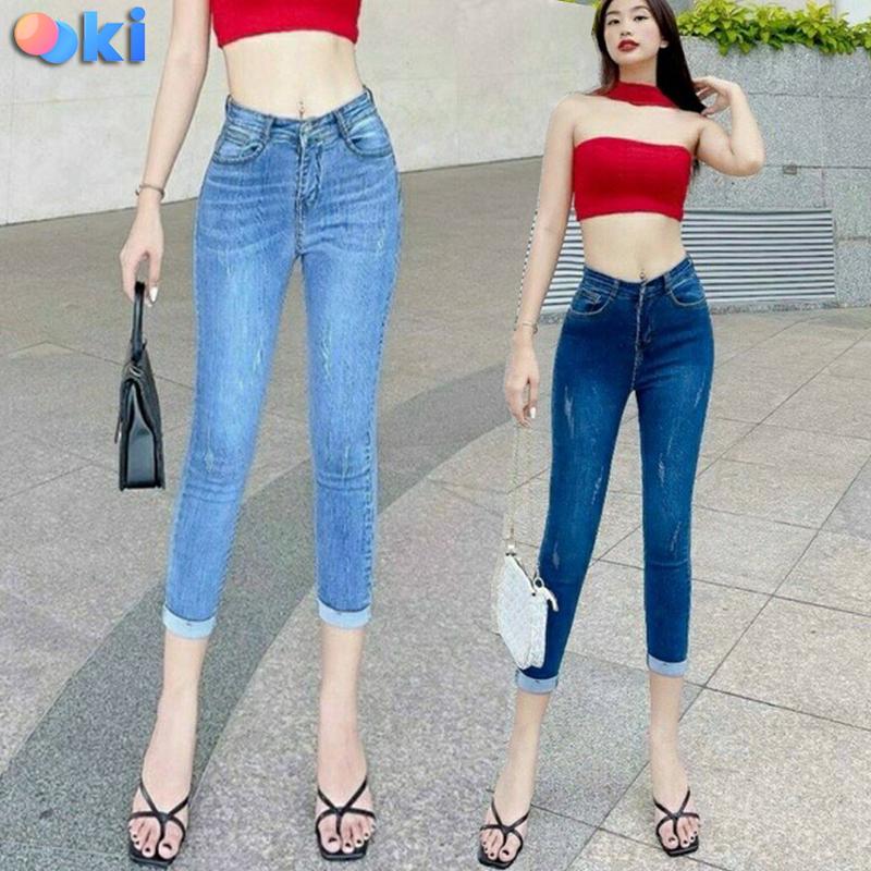Quần Jean Nữ Lửng Ngang Gối Cạp Cao Quần Bò Nữ 9 Tấc Lưng Cao Dáng Ôm Co Giãn Women Pants