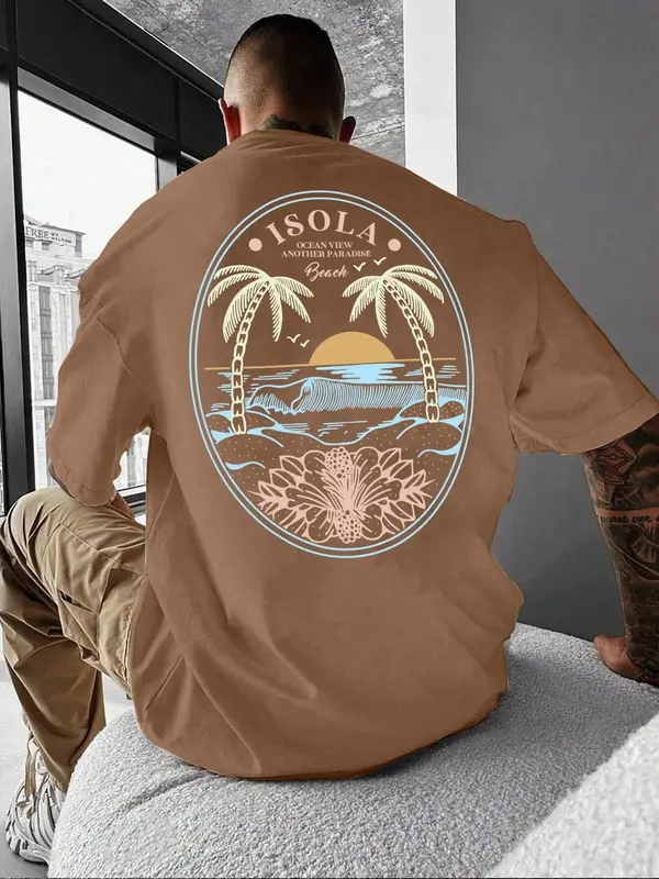 Unisex Regular Fit Landscape Print Round Neck Tee, Coconut Tree Print Crew Neck T-shirt for Unisex, Street Fashion Casual Comfy Knitting Top for Summer, Menswear 4