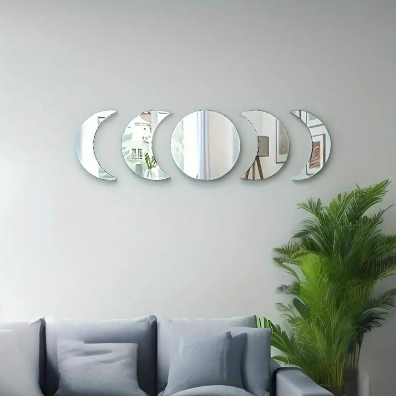 Moon Phase Pattern Wall Sticker, 5 Counts/set Acrylic Wall Decal, Wall Art Decorative Sticker for Home Living Room Bedroom, Ornaments