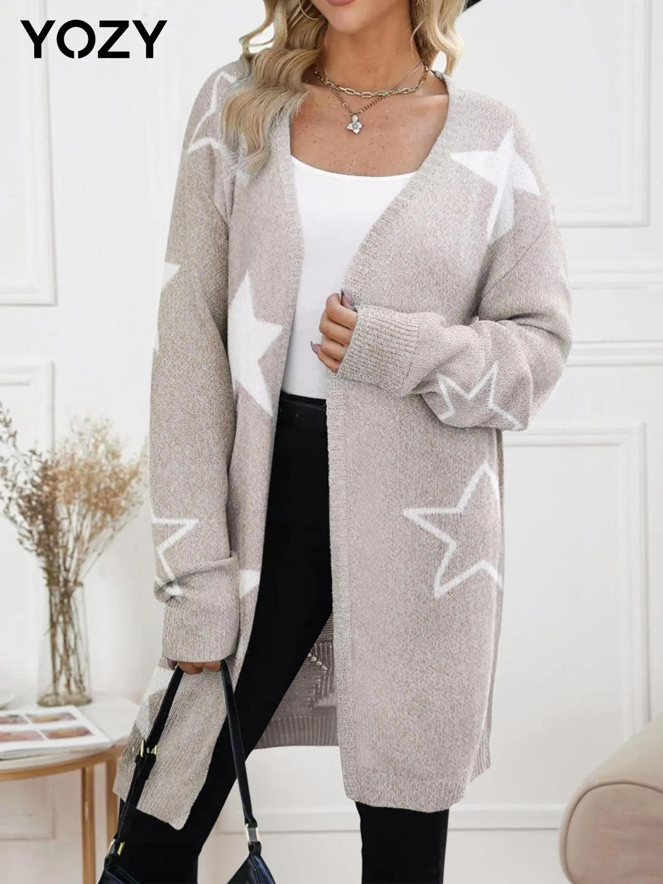 YOZY Women's Star Print Drop Shoulder Cardigan, Casual Long Sleeve Open Front Knitwear for Fall & Winter, Fashion Women's Knit Clothing for Daily Wear