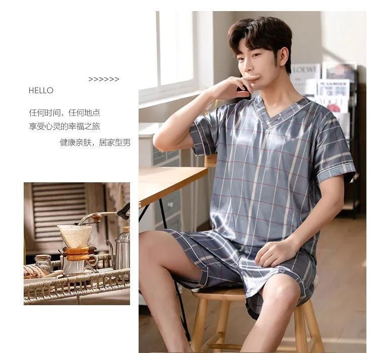Product Introduction of Men's Pajamas Summer Fashion V-Neck Thin Ice Silk Short-Sleeved Shorts Nightie Two Piece 2024 New Boys Casual Sleepwear Nightie 36