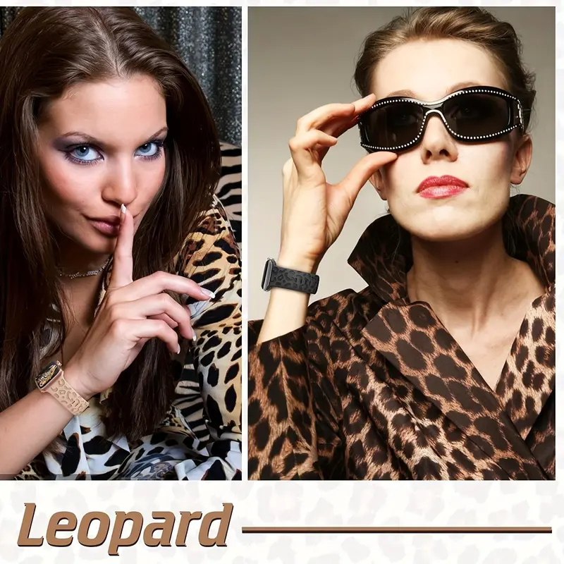 Leopard-Pattern Watch Band for Apple Watch, Waterproof Cheetah Sports Silicone Wristband, Trendy Matching Watchband for iWatch Series for Fitness Watches, Smart Watch Straps, Smartwatch Strap, Black, Funny Gift 4