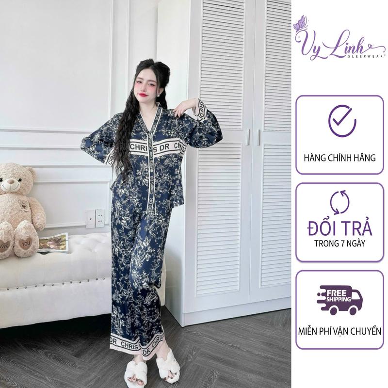Bộ Đồ Ngủ Dài Cổ Y Dành Cho Nữ Hoạ Tiết Dễ Thương Chất Liệu VảI Lụa Latin Cao Cấp S1081 Women lụa